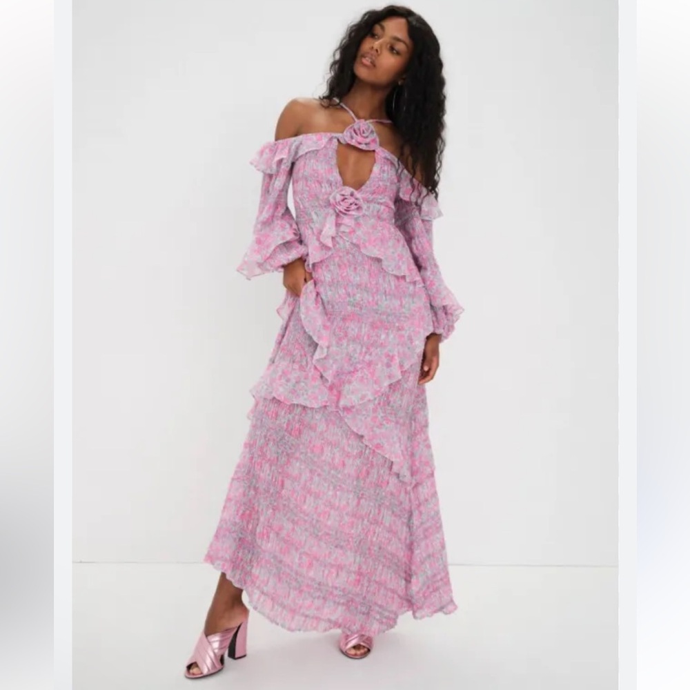NWT FOR LOVE & LEMONS Rowan Maxi Dress Pink chiffon ruffle rosette Revolve L